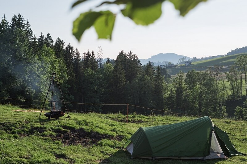 Zelten in der Schweiz auf dem Dexter Hof: Zelt auf Alm mit Feuerstelle und Bergblick